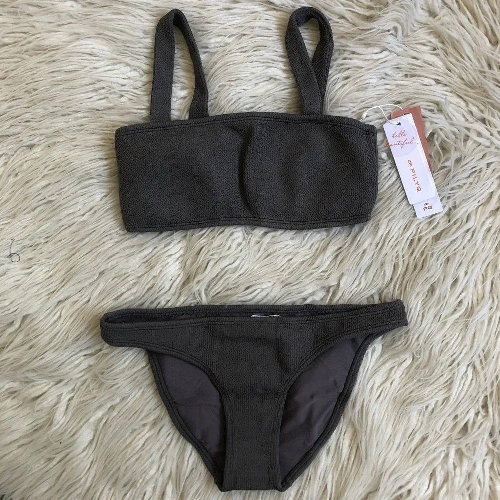 PilyQ PQ Swim Gray Sand Reef Layla Bralette Full Bottom Bikini NWT Size S